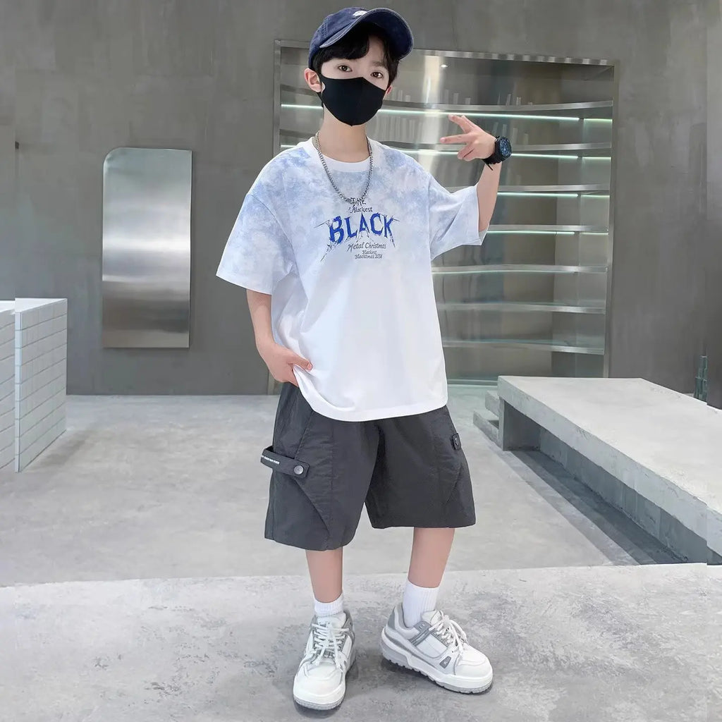 New Summer Boys Cotton Suit Japan High Street Fashion Kids Printed T-shirts Shorts 2 Piece Set High Quality Children's Set 2024