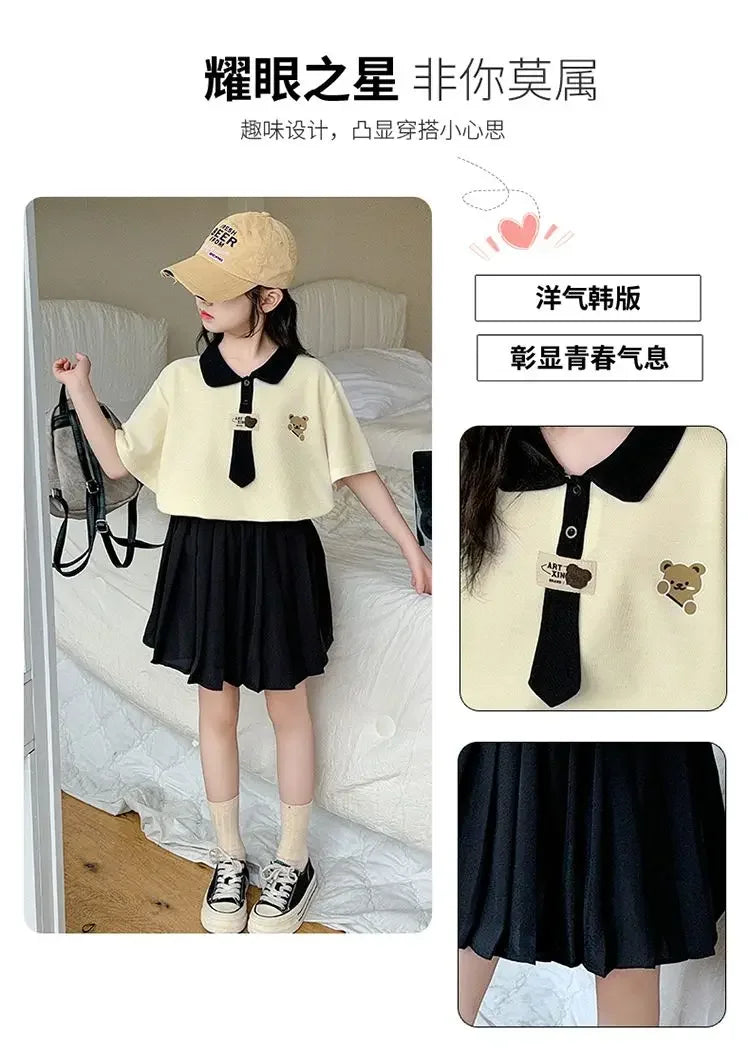 2026 Summer New Preppy Style Girls 2 Piece Outfit Short Sleeve Top + Pleated Skirt Big Girls Dress Set