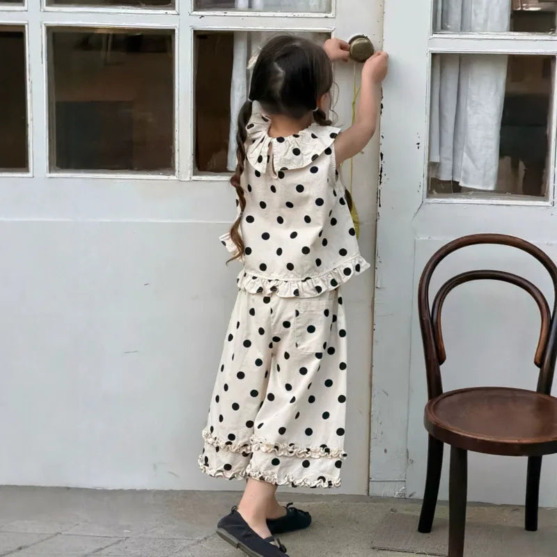 26 Spring Summer Girl Cotton Linen 2piece Set Children Kid Clothes Polka Dot Outfit Baby Toddler Sleeveless Vest Pants 3-12 Year