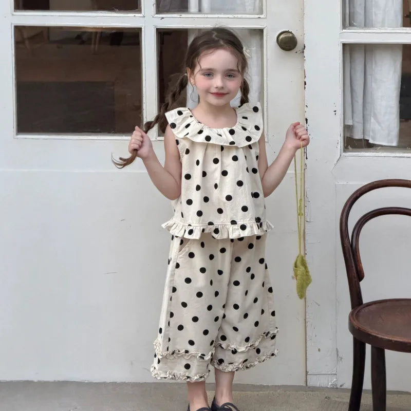 26 Spring Summer Girl Cotton Linen 2piece Set Children Kid Clothes Polka Dot Outfit Baby Toddler Sleeveless Vest Pants 3-12 Year