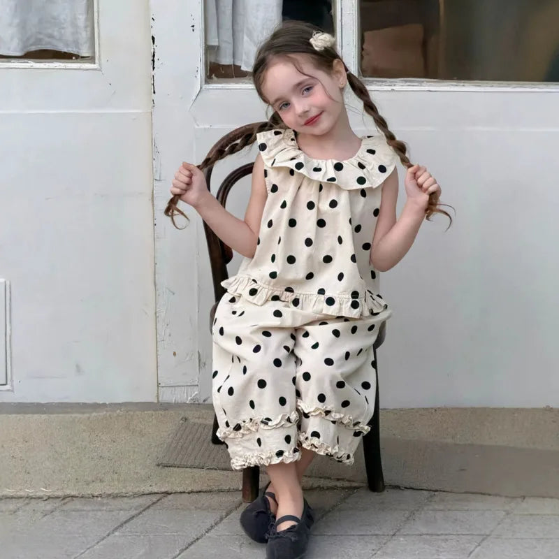 26 Spring Summer Girl Cotton Linen 2piece Set Children Kid Clothes Polka Dot Outfit Baby Toddler Sleeveless Vest Pants 3-12 Year