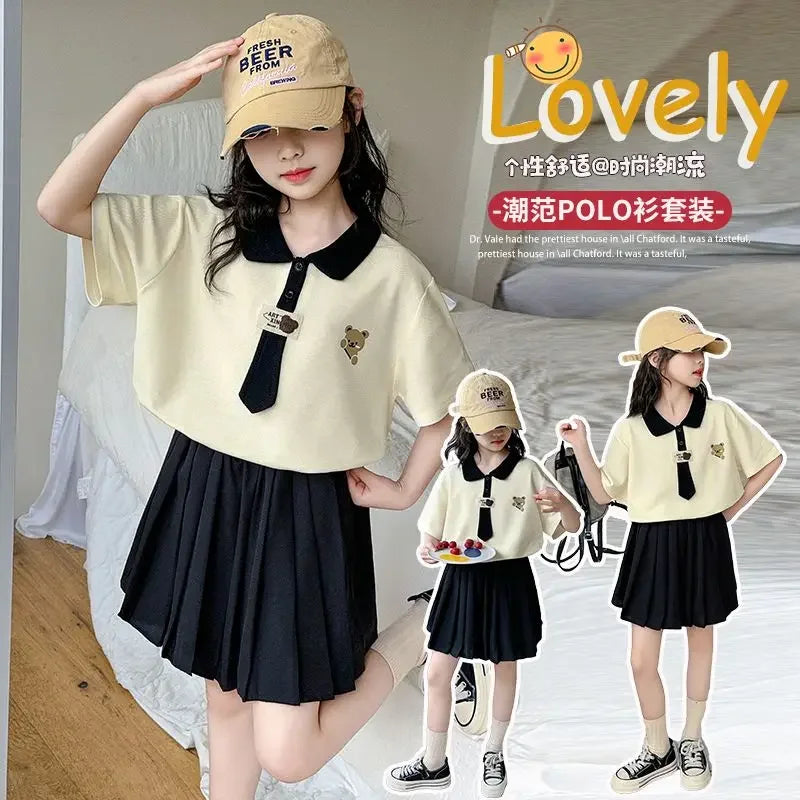 2026 Summer New Preppy Style Girls 2 Piece Outfit Short Sleeve Top + Pleated Skirt Big Girls Dress Set