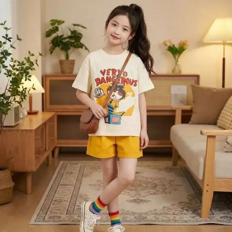 100-165 Girls Outfit Set Casual Blue Polo Short Sleeve T-shirt  Plaid Wide Leg Pants, Kids 2026 Summe Girls Loungewear Tracksuit