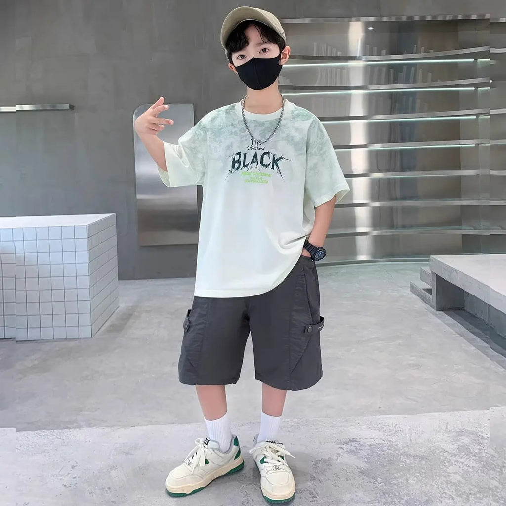 New Summer Boys Cotton Suit Japan High Street Fashion Kids Printed T-shirts Shorts 2 Piece Set High Quality Children's Set 2024